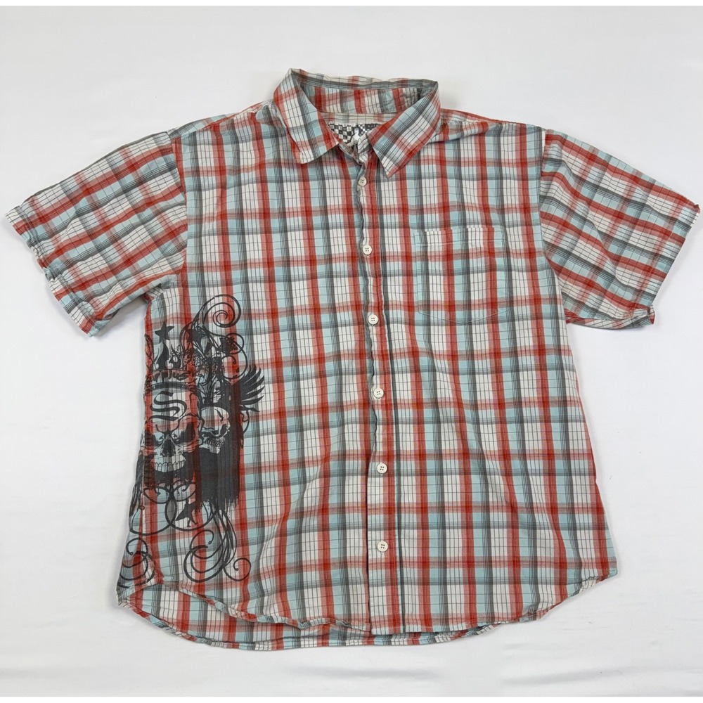 Surplus Mens XL Plaid Skull Graphic Short Sleeve Button‎ Up Shirt Red Blue Y2K
